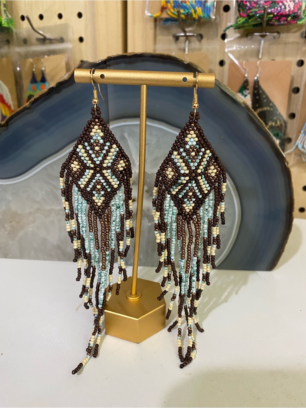 Handcrafted Brown and Mint Beaded Fringe Earrings